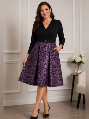 ALEX EVENING 10 Black-purple woman formal midi length V neck long sleeve dress